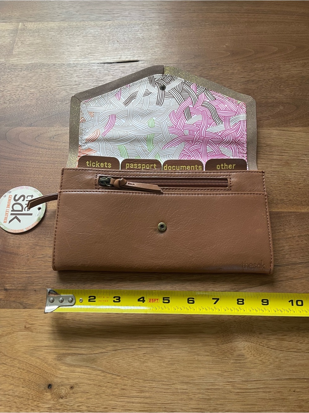 The Sak Brown Leather Passport & Ticket travel Wallet with Patterned Lining NWT